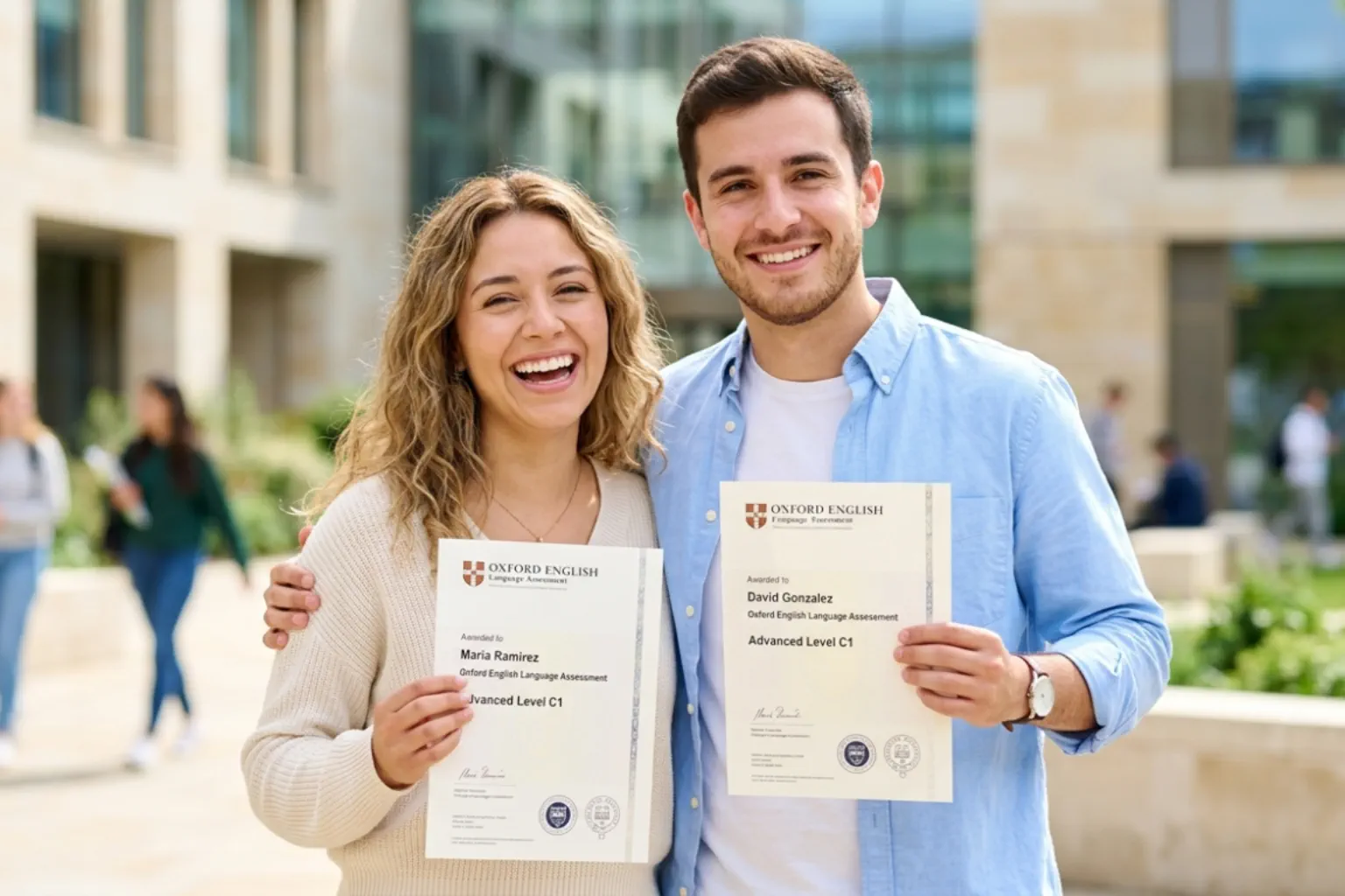 Estudiantes con sus certificados de inglés